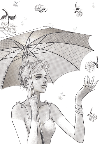 空から花が降ってくる　傘を差した女性
